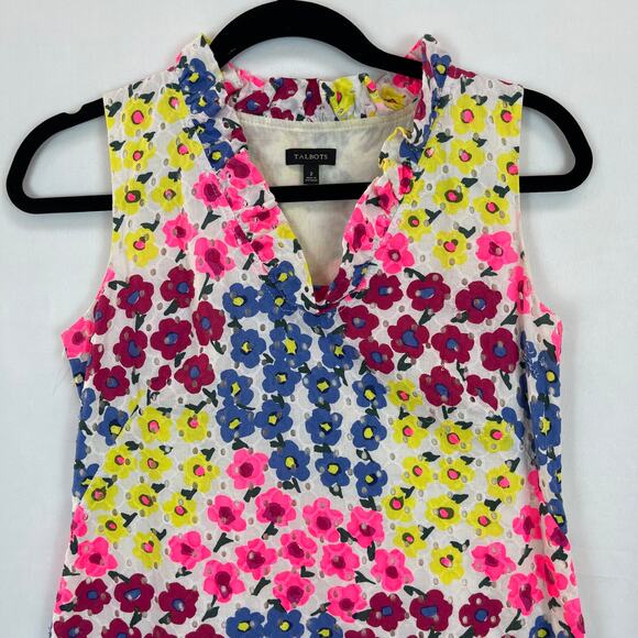 Talbots Eyelet Floral Shift Dress Women's 2 Ruffle V-Neck Sleeveless Knee Length - Picture 2 of 7